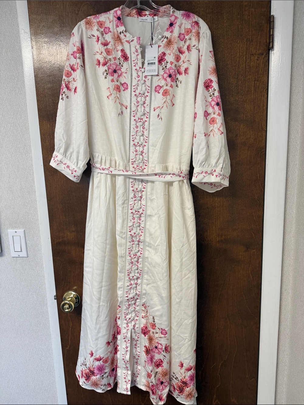 City Chic Cream Midi Dress with Pink Floral Embroidery